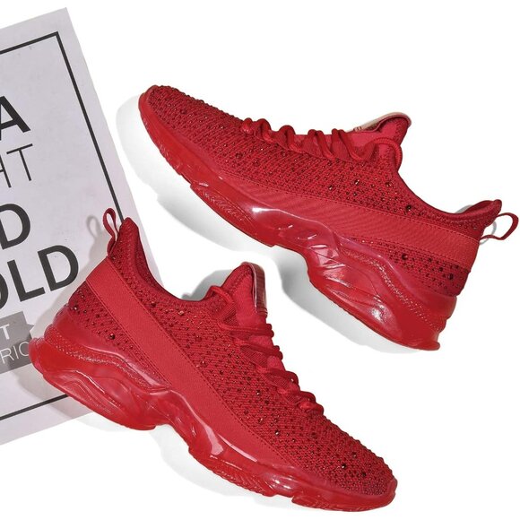 Women's Rhinestone Mesh Slip On Walking Breathable Glitter Red Sneaker Shoes - Picture 4 of 6